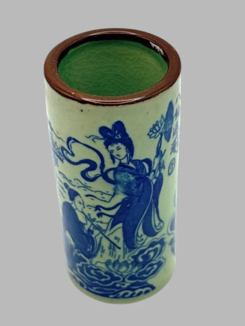 Vintage Kangxi Marked Jingdezhen Porcelain Blue White Celadon Brush Pot